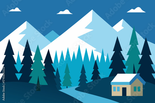 Cozy cabin nestled in a snowy mountain landscape with pine trees