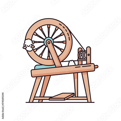 A traditional spinning wheel in use, showcasing wool being spun into yarn in a cozy workshop
