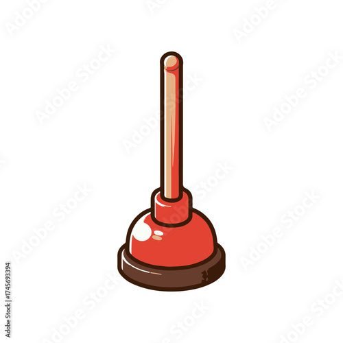 A vibrant red plunger with a wooden handle, isolated on a white background, ideal for plumbing themes