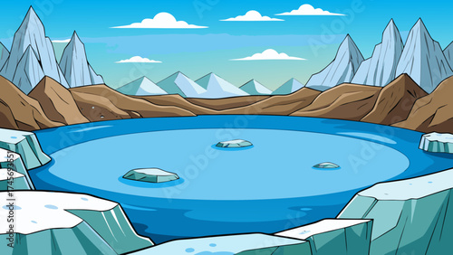 Cartoon ice lake surrounded by mountains and snow