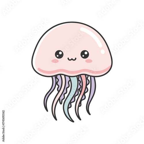 Cute cartoon jellyfish with a smiling face and colorful tentacles on a white background