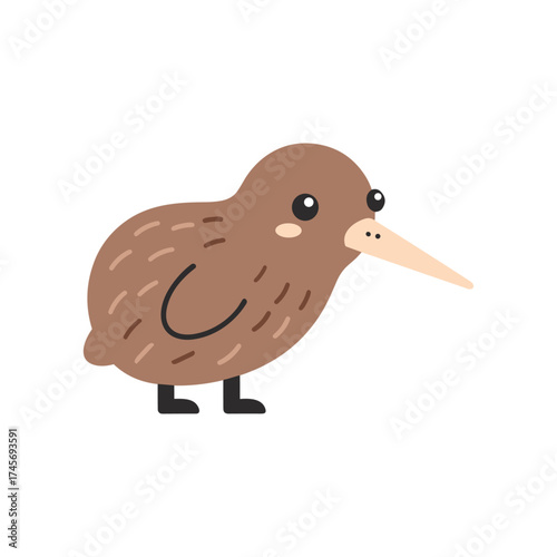 Cute cartoon kiwi bird standing on a white background, ideal for children's illustrations