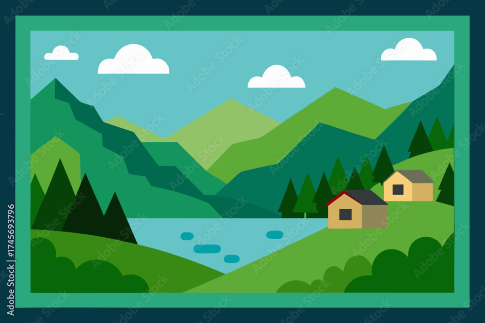 Fototapeta premium Stylized flat illustration of a serene mountain lake with houses and trees