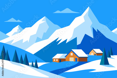 Cozy cabins nestled in a snowy mountain landscape with pine trees
