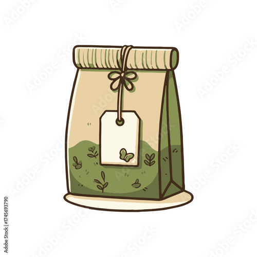 A whimsical illustration of a tea bag package with green tea leaves, featuring a tag, set against a simple background