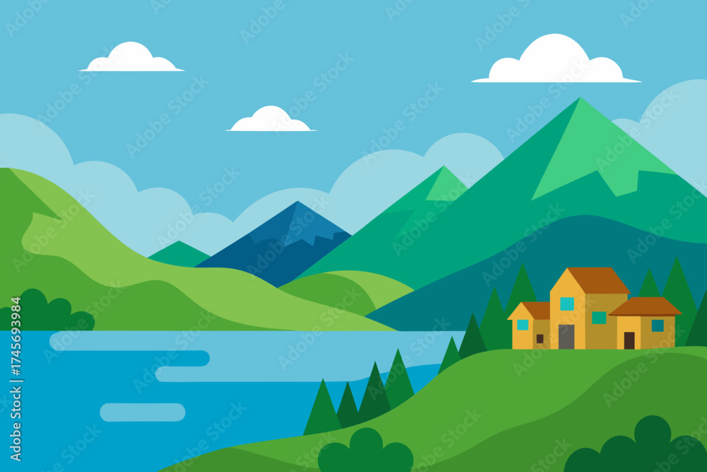 Fototapeta premium Flat design landscape with lake mountains and houses
