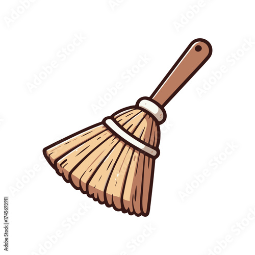 A wooden broom with straw bristles, isolated on a white background, ideal for cleaning illustrations