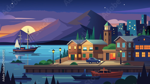 Coastal town at dusk with sailboat and city skyline