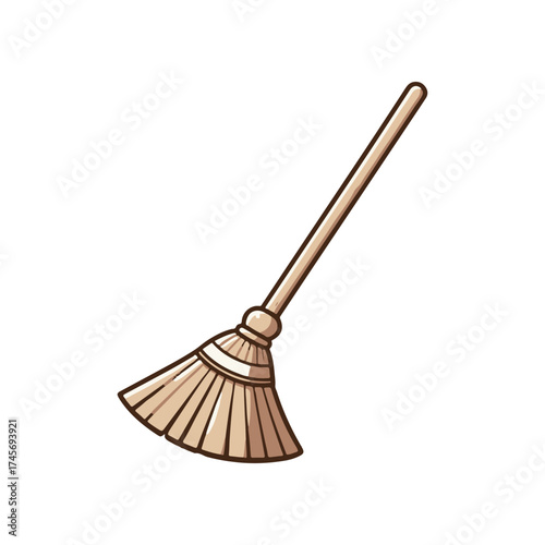 A wooden broom with a curved bristle head, set against a plain background, ideal for cleaning