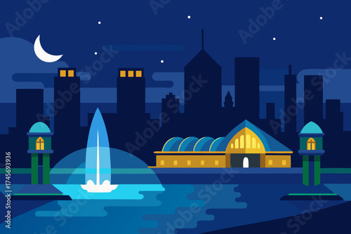 Stylized cityscape at night with a sailboat and moon
