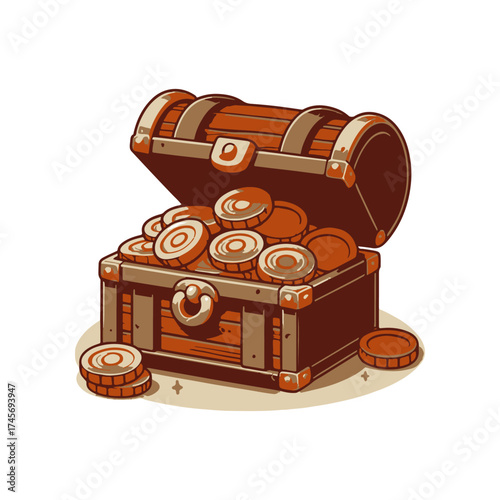 A wooden treasure chest overflowing with shiny coins, set against a simple, light background