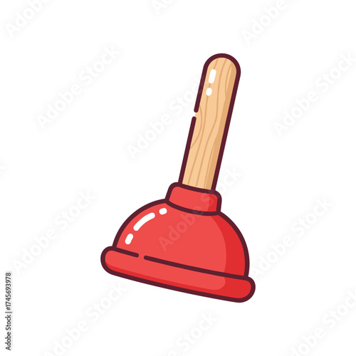A vibrant red plunger with a wooden handle, symbolizing plumbing maintenance and repair