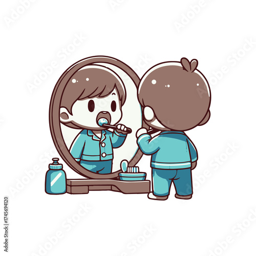 A young child in pajamas brushing teeth in front of a mirror with toiletries on the counter