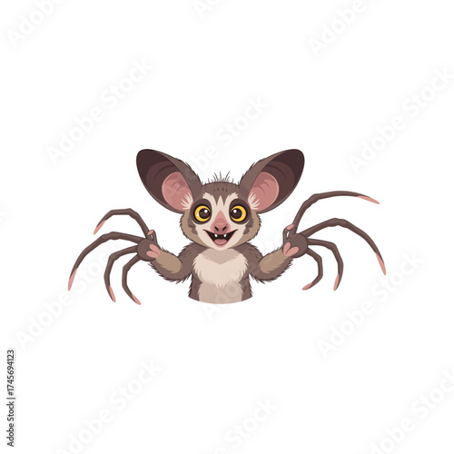 A whimsical creature with large ears and spider-like limbs, playfully posing against a white background