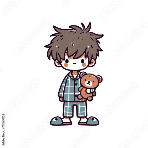 A young child in pajamas holding a teddy bear, standing in a cozy bedroom with playful decor
