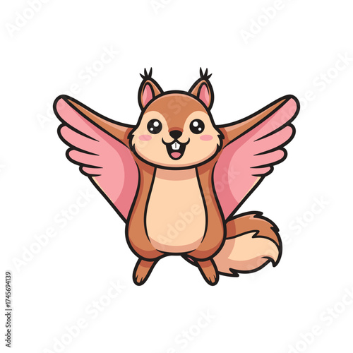 A whimsical cartoon squirrel with wings joyfully spreading its arms in a playful pose