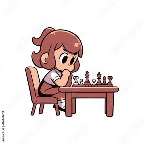 A young girl deeply focused on a chess game at a table, showcasing her strategic thinking