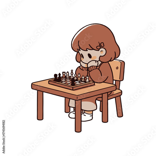 A young girl thoughtfully playing chess at a wooden table in a cozy indoor setting