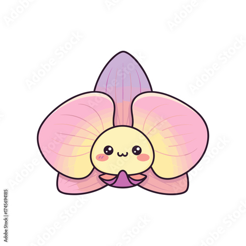 Cute cartoon orchid flower character with a smiling face, vibrant colors, and playful design