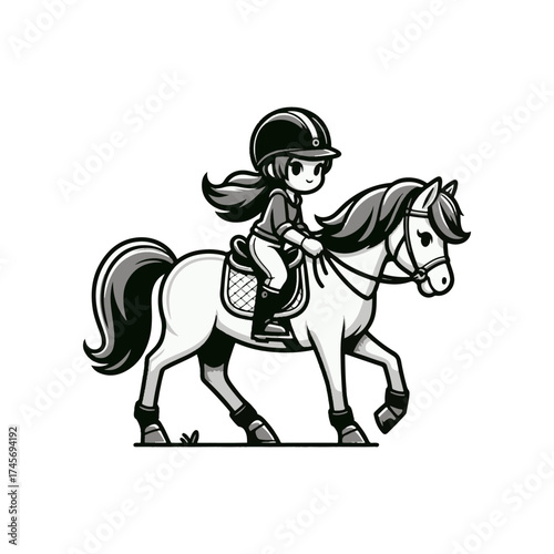 A young girl riding a pony in a playful trot, set against a simple outdoor backdrop