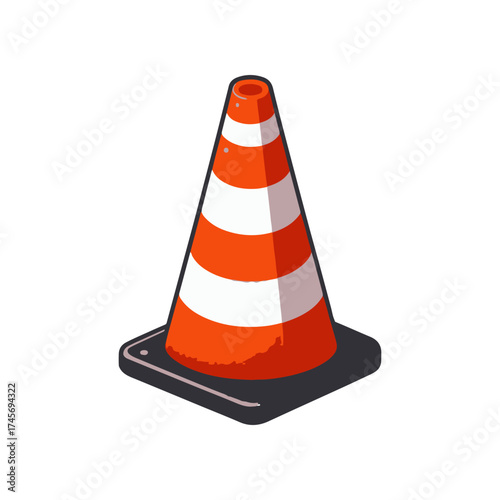 Bright orange traffic cone positioned on a black base, symbolizing road safety in urban settings