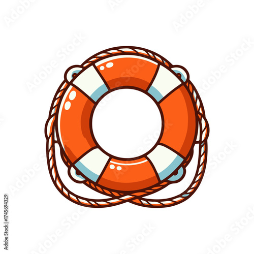 Bright orange life preserver with white accents, coiled rope, set against a clean background