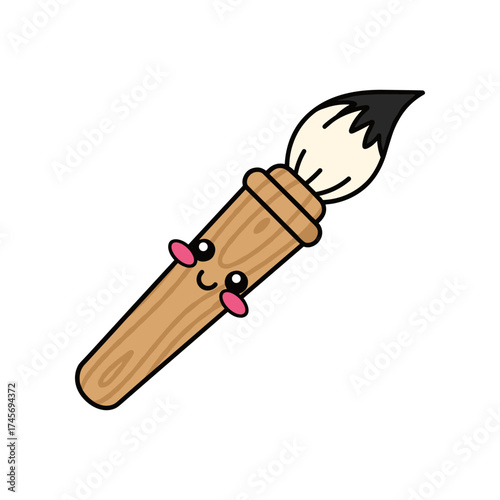 Cute cartoon paintbrush character with a smiling face, colorful bristles, and a plain background