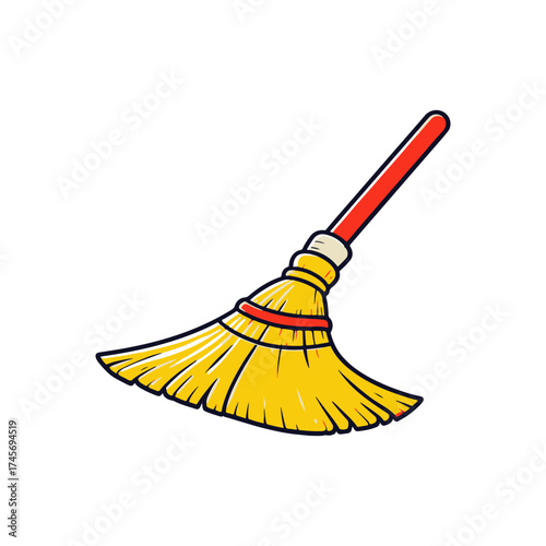 Brightly colored broom with a red handle, symbolizing cleanliness and tidiness in a simple design