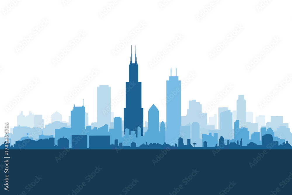 Naklejka premium Detailed Blue Silhouette of Chicago Skyline with Famous Skyscrapers and Urban Landscape Vector Illustration