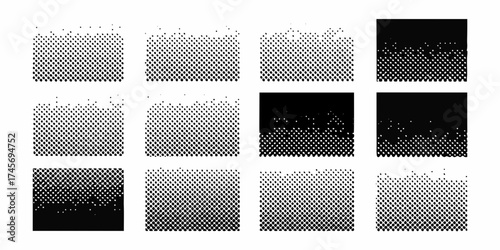 Collection of halftone dot patterns showing gradual transitions from solid black to white background