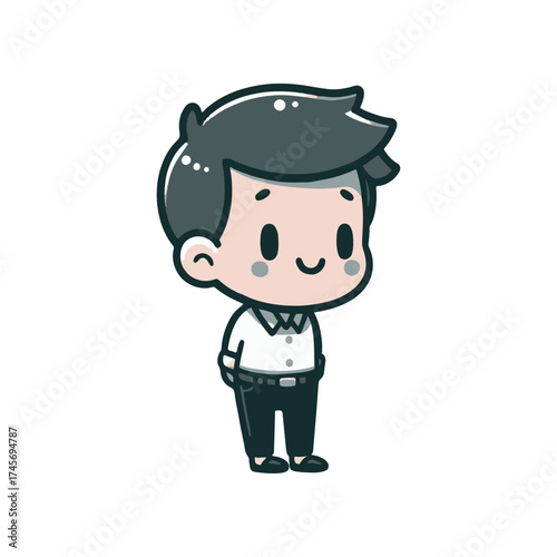 Cartoon character of a smiling young man in a white shirt and black pants, standing cheerfully