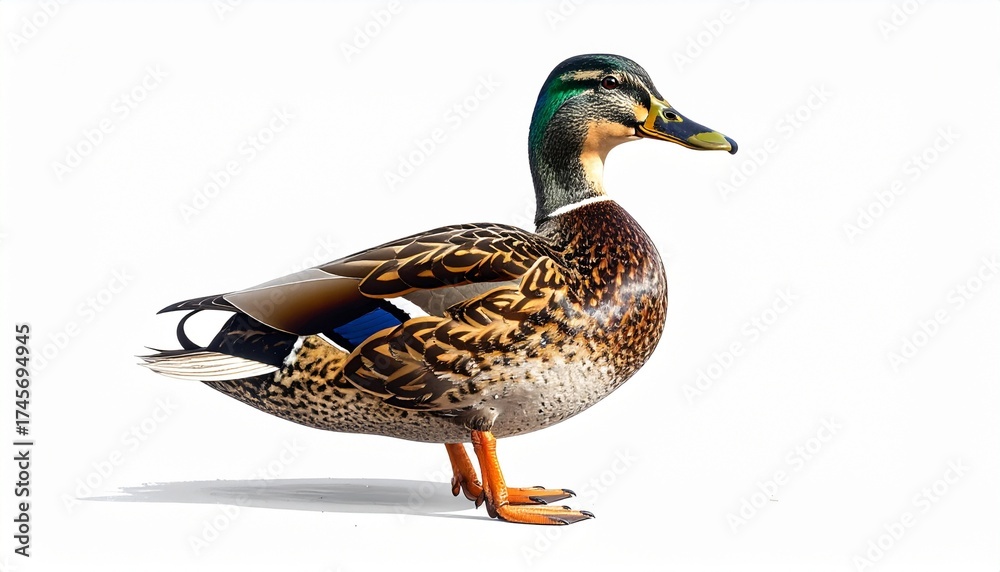Obraz premium Beautiful Mallard Duck Standing Gracefully on a Pristine White Background.