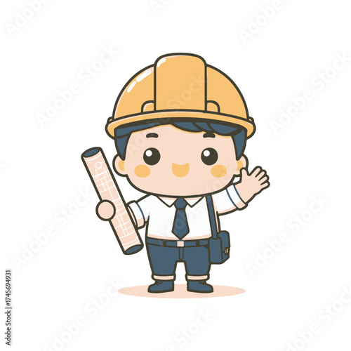 Cartoon construction worker in hard hat holding blueprints and waving cheerfully