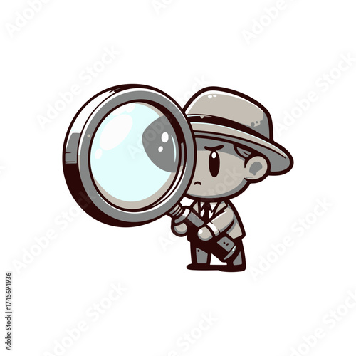 Cartoon detective character examining clues with a magnifying glass in a whimsical setting