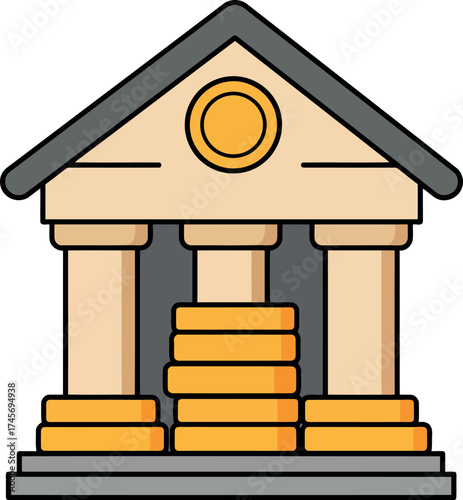 Modern bank building facade with golden coins stack vector