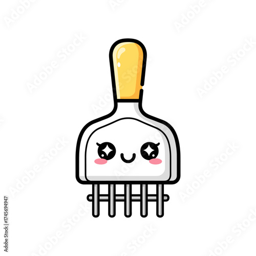 Cute cartoon rake with a smiling face, surrounded by a bright white background, ideal for children's designs