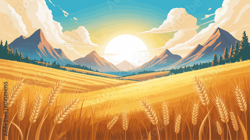 Golden Wheat Field with Distant Mountains at Sunrise Offering Breathtaking Views and a Sense of Peace and Tranquility Ideal for Travel and Nature Enthusiasts