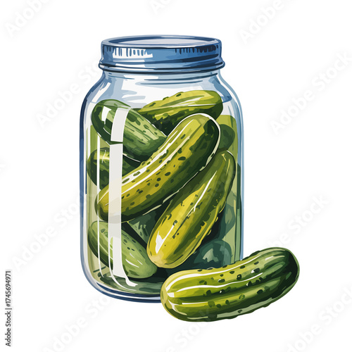 Watercolor Illustration of a Glass Jar Filled with Delicious Pickles and One Beside It on a White Background