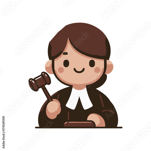 Cartoon illustration of a cheerful judge holding a gavel, set against a simple background