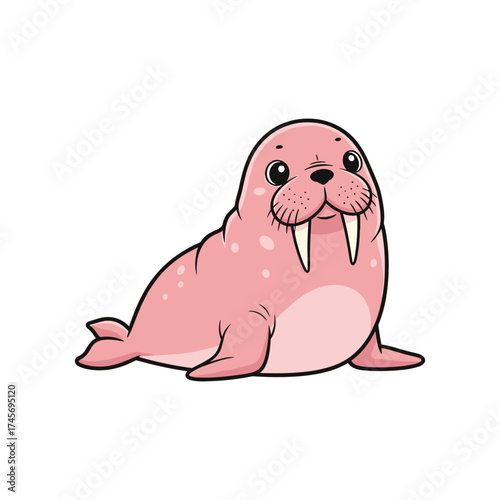 Cartoon illustration of a cute pink walrus lounging happily on a white background