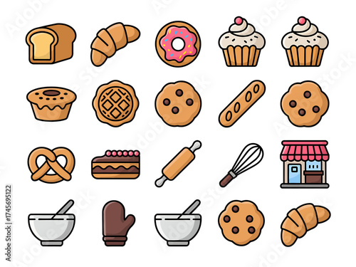 Bakery Icon Set Featuring Bread Croissant Doughnut Cupcake and More Delicious Treats for Graphic Design and Illustration Projects