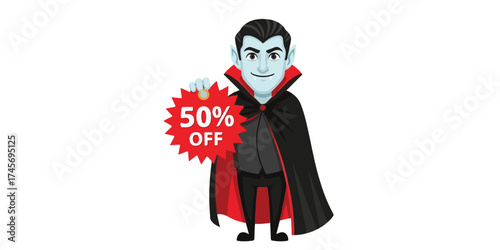 A cartoon vampire in a cape stands holding a red starburst sign advertising a 50 percent off sale.