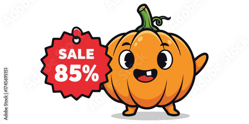 A cheerful, anthropomorphic pumpkin with a toothy grin stands next to a jagged red sale tag displaying 85 percent off.