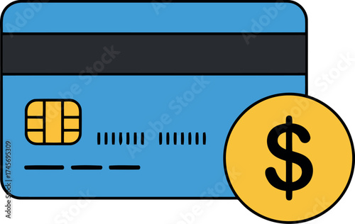 Blue credit card with golden dollar coin symbol payment concept vector
