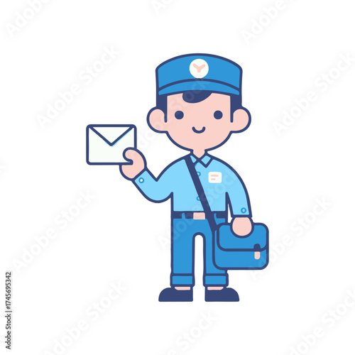 Cartoon postal worker delivering a letter with a messenger bag, cheerful expression, isolated background