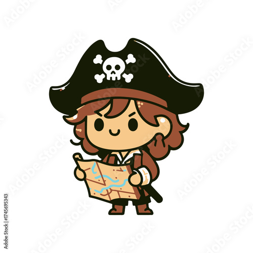 Cartoon pirate character holding a treasure map, smiling, with a playful background of adventure