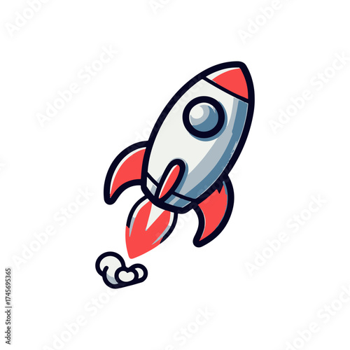 Cartoon rocket blasting off with smoke trails against a white background, symbolizing adventure