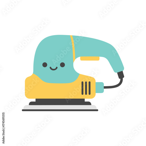 Cartoon illustration of a smiling electric sander in a playful style, set against a blank background