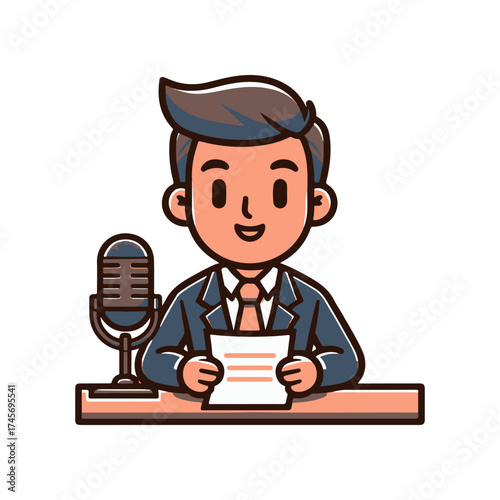 Cartoon-style news anchor presenting a report at a desk with a microphone, simple background