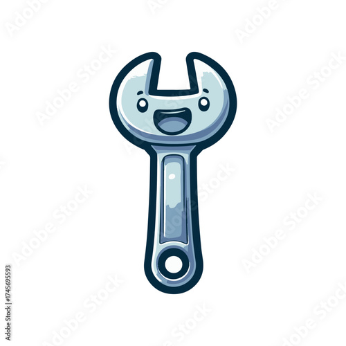 Cartoon-style smiling wrench character with a shiny metallic finish on a white background